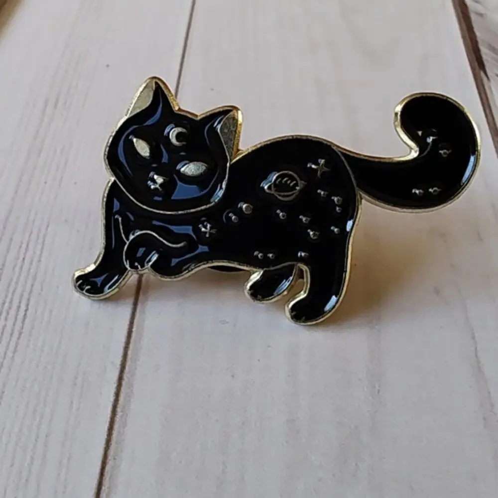 Black Cat Planets & Stars Pin Gothic Witchy Halloween Occult Lapel Hat Pin